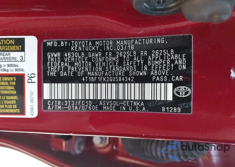 2016 Toyota Camry Le from USA, damaged, VIN 4T1BF1FK2GU584342
